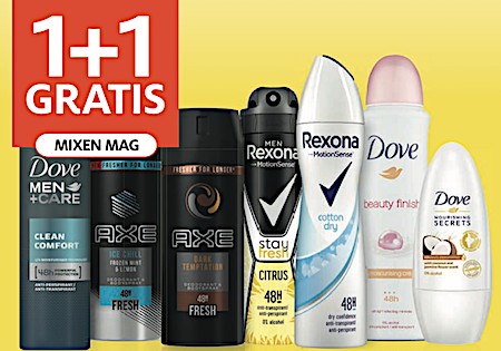  Axe en Rexona alle varianten, combineren mogelijk. 50 % Korting