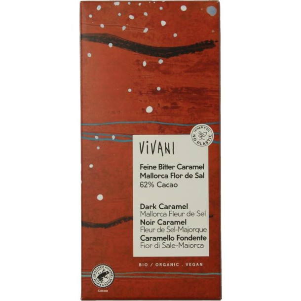 Vivani Chocolade puur 62% caramel fleur de sel bio (80 Gram)