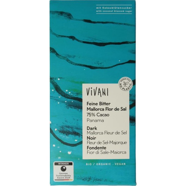 Vivani Chocolade puur 75% Panama fleur de sel bio (80 Gram)