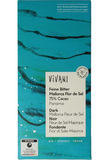 Vivani Chocolade puur 75% Panama fleur de sel bio (80 Gram)