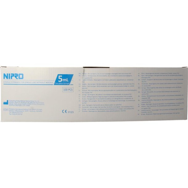 Nipro Injectiespuit 2-delig 5ml luer slip excentrisch (100 Stuks)