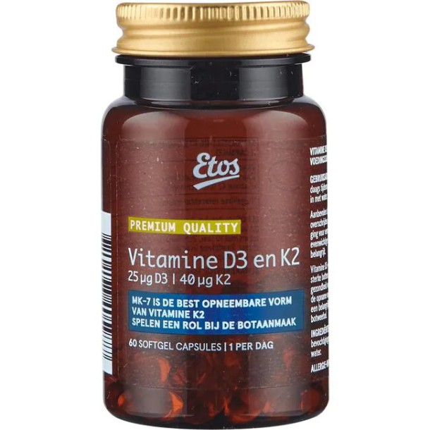 Etos Premium Vitamine D3 en K2 bevat 25ug D3 en 40ug K2 60 stuks