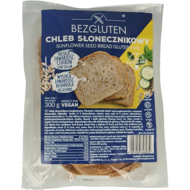 Bezgluten Zonnebloempittenbrood gesneden glutenvrij (300 Gram)