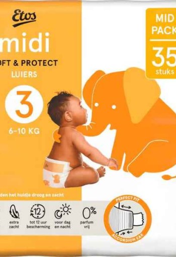 Etos Luiers Midi Maat 3  VOORDEELBOX  ( 3 pakken ) 6-10 kg Mid Pack 35 stuks x 3 is  105 luiers