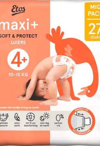 Etos Luiers Maxi+ Maat 4+ VOORDEELPBOX. (3 pakken ) 10-15 kg Mid Pack 27 stuks x 3 is 81 luiers