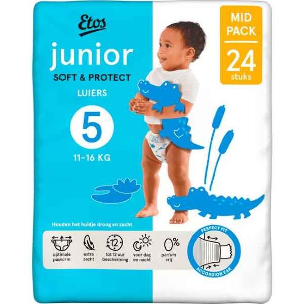 Etos Luiers Junior Maat 5 VOORDEELBOX  (3 pakken ) 11-16 kg Mid Pack 24 stuks x 3 is 72 luiers