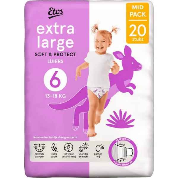Etos Luiers Extra Large Maat 6  VOORDEELBOX ( 3 pakken ) 13-18 kg Midpack 20 stuksx 3 is 60 luiers