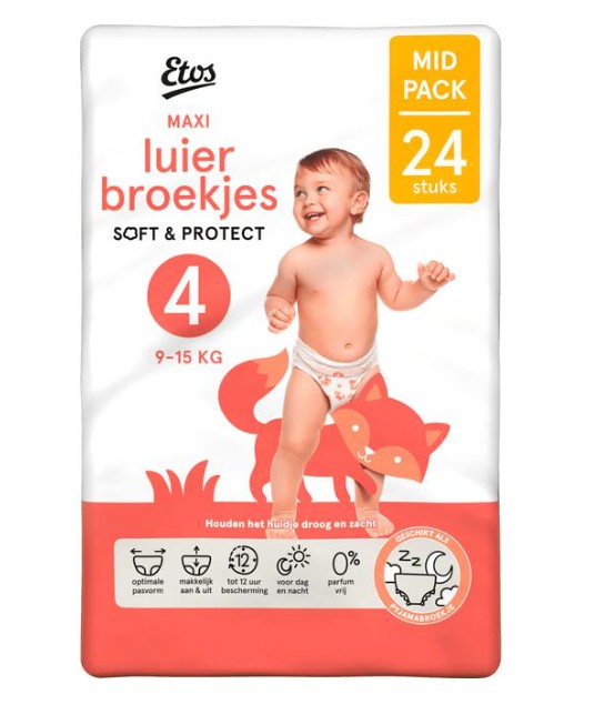 Etos Luierbroekjes Maxi Maat 4 9-15 kg Mid Pack 24 stuks