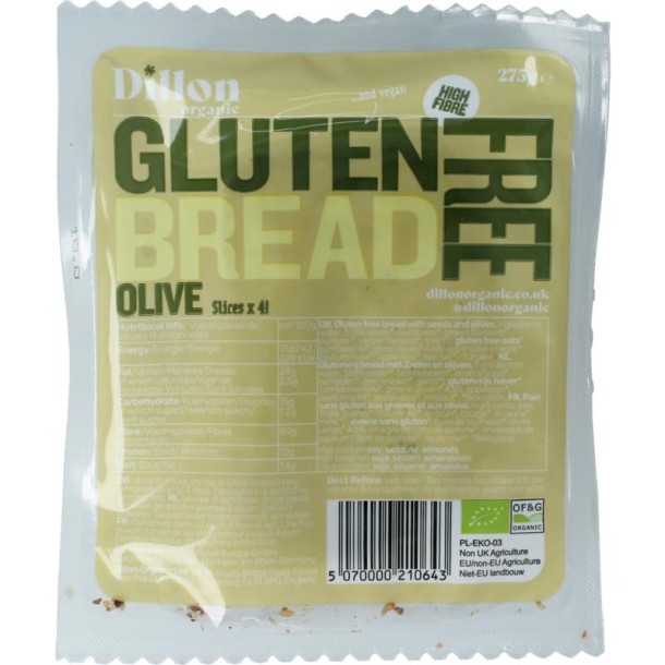 Dillon Organic Sliced bread olive glutenvrij bio demeter (275 Gram)