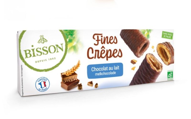 Bisson Krokante wafelrolletjes met melkchocolade bio (90 Gram)