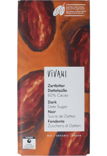 Vivani Chocolade puur 60% dadel gezoet bio (80 Gram)