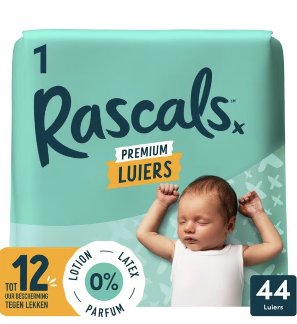 Rascals Premium Luiers Maat 1 3-5 KG 44 stuks./ 2 stuks €15,00