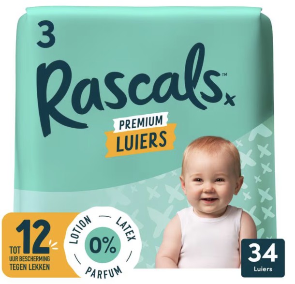 Rascals Premium Luiers Maat 3 6-11 KG 34 stuks/ 2 stuks € 15,00