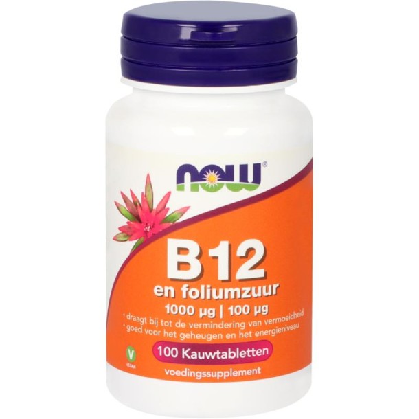 NOW Vitamine B12 1000 mcg en Foliumzuur 100 mcg (100 Kauwtabletten)