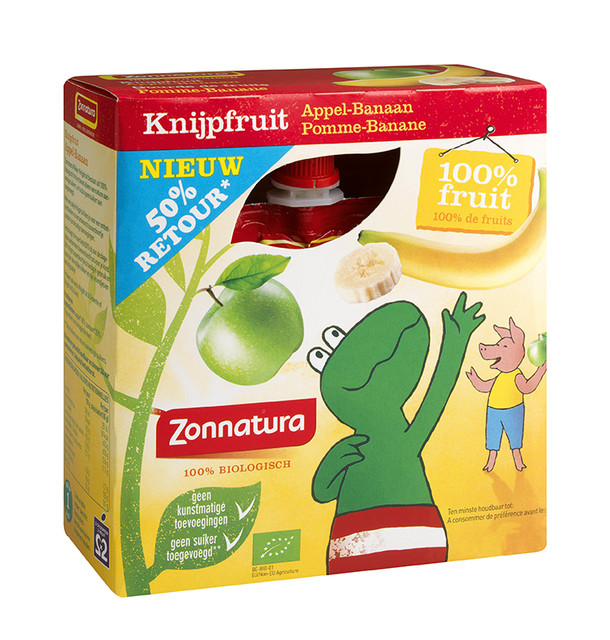 Zonnatura Knijpfruit appel/banaan kikker 85 gram (4 Stuks)