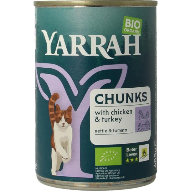 Yarrah Kat kip kalkoen in saus bio (405 Gram)