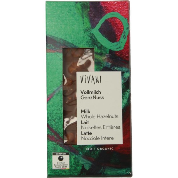 Vivani Chocolade melk met hele hazelnoten bio (100 Gram)