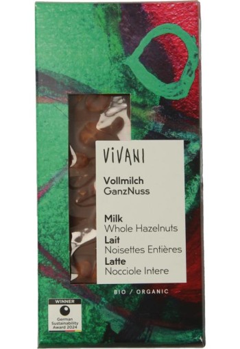 Vivani Chocolade melk met hele hazelnoten bio (100 Gram)