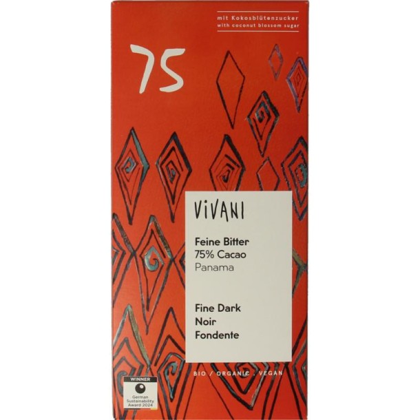 Vivani Chocolade puur delicaat 75% Panama bio (80 Gram)