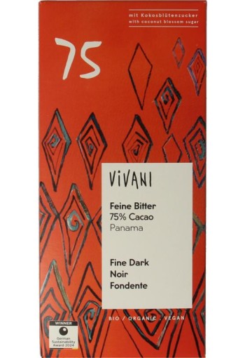 Vivani Chocolade puur delicaat 75% Panama bio (80 Gram)