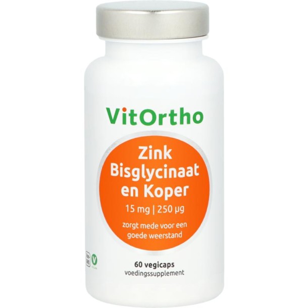 Vitortho Zink bisglycinaat 15mg en koper 250mcg (60 Vegetarische capsules)