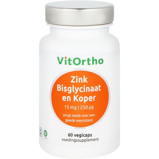 Vitortho Zink bisglycinaat 15mg en koper 250mcg (60 Vegetarische capsules)