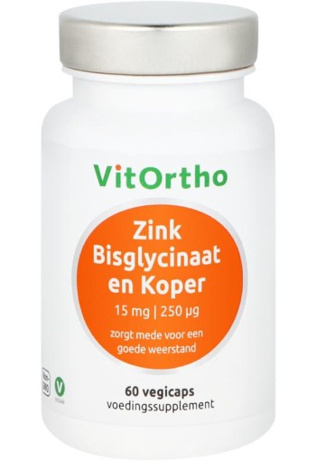 Vitortho Zink bisglycinaat 15mg en koper 250mcg (60 Vegetarische capsules)