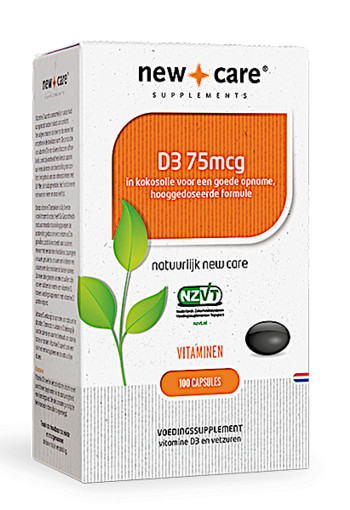 New Care D3 75mcg in kokosolie voor een goede opname, hooggedoseerde formule Inhoud  100 capsules