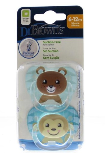 Dr Brown's Fopspeen prevent animal faces F2 blauw (2 Stuks)