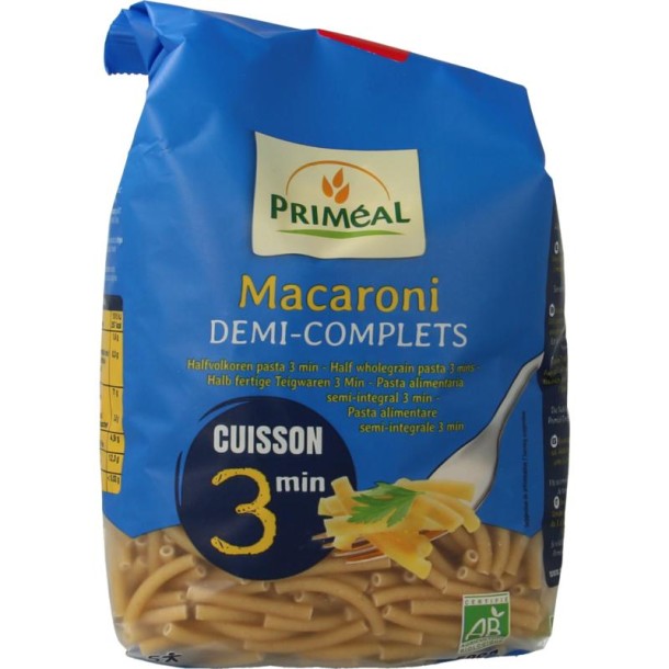 Primeal Macaroni halfvolkoren snelkook 3 minuten bio (500 Gram)