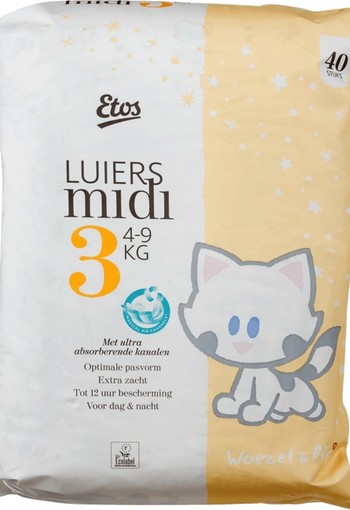 De nieuwe Etos Luier! Maat 3 Midi: 4 tot 9 kg Pak 40 stuks