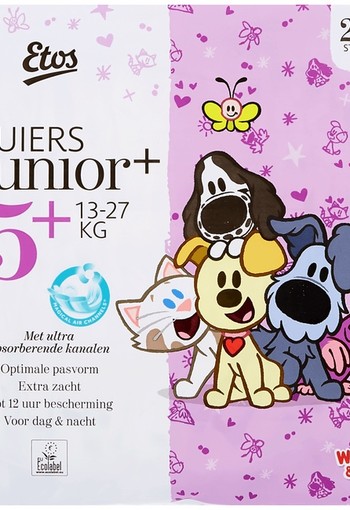 De nieuwe Etos Luier! Maat 5+ Junior: 13 tot 27 kg Pak 26 stuks